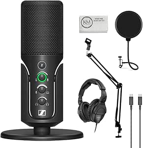 Sennheiser Profile USB Condenser Microphone with Desktop Stand Bundled with Closed-Back Headphones   Microphone Boom Arm   Wind Screen Pop Filter   Microfiber Cleaning Cloth (5 Items)