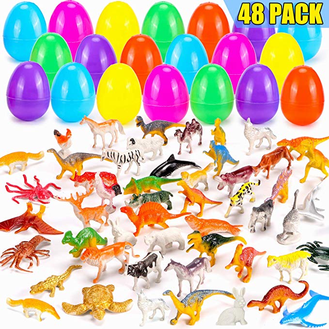 YEAHBEER 48 Pieces Easter Eggs Filled With Assorted Natural World Animal Figures, Easter Basket Stuffer, Easter Theme Party Favor