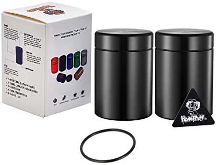 Stash Jar - Airtight Smell Proof Durable Multi-Use Portable Metal Herb Jar Container. Waterproof Aluminum Screw-top Lid Lock Odor (2pcsBlack)