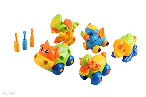 WolVol Take-A-Part Animal Toys - Dinosaur, Elephant, Cow, Horse, Triceratops Assembly Playset with Screwdrivers- Fun Toys for Boys & Girls - 5 Piece Set