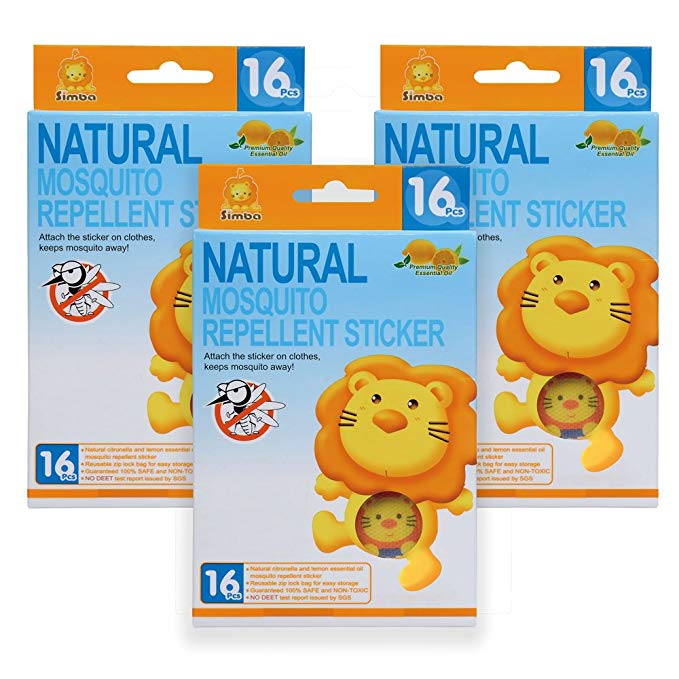 Simba Natural Mosquito Repellent Sticker (3 Pack x 16 pcs) with Citronella and Lemon Extract/ No DEET, Extra Safe!