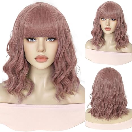 ANOGOL Hair Cap Taro Purple Wig with Bangs Wavy Bob Wig for Women Girls Pelucas Synthetic Wig for Theme Party Cosplay Wig Shoulder Length Curled Wigs For Daily Use Halloween Costume