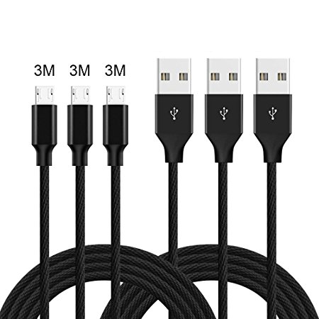 Micro USB Cable,WZS 3Pack 3m/10ft Extra Long Premium Nylon Braided High Speed USB to Micro USB Charging Lead Cord Fast Android Charger for Samsung Galaxy S7 Edge/S6/S4,Note 5/4/3,HTC,LG,Nexus-Black