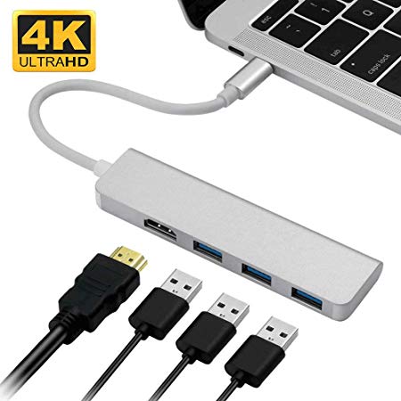 USB-C Hub, Type-C Adapter To HDMI,3 USB 3.0, Portable Aluminum USB C Dongle For MacBook Pro 2018/2017/2016 Chromebook Pixel, DELL XPS13 (Silver)