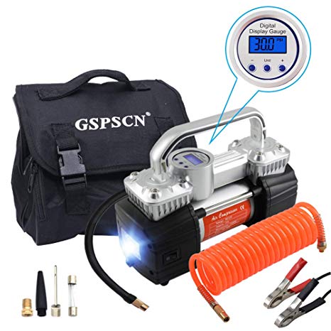 GSPSCN Portable Air Compressor Pump Heavy Duty Double Cylinders Tire Inflator 150PSI 12V with LED Flashlight and LCD Digital Display Gauge