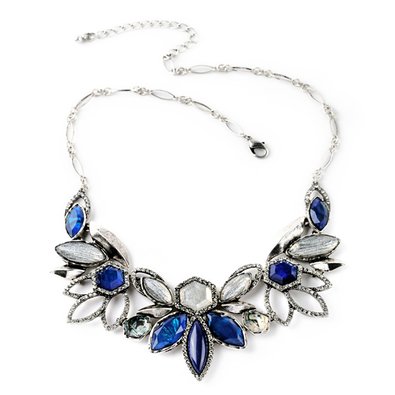 Fit&wit Classic Silver&Navy Blue Rhinestone Crystal Party Statement Fashion Flower Necklace