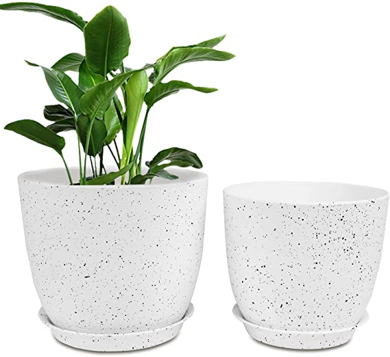 Akarden Plastic Plant Pots 8/7 Inch Modern Flower Pots for Indoor Planter Plant Pots with Drainage Holes & Tray Speckled(White)
