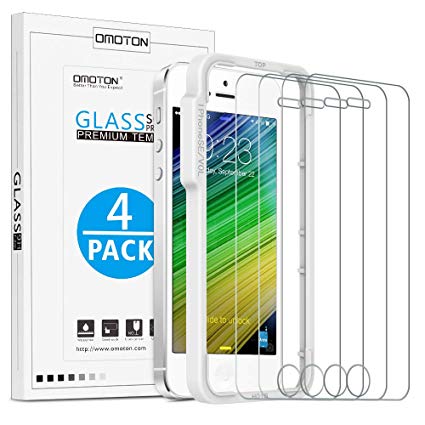 OMOTON [4 Pack] Screen Protectors for iPhone SE/5S/5C/5, Tempered Glass Screen Protector with [Easy Installation Frame] [9H Hardness] [Crystal Clearity] [Scratch-Resistant] [No-Bubble]