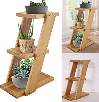 SOONHUA Bamboo Plant Stand, 3-Tier Plant Flower Display Ladder Shelf Flower Pot Storage Rack Display Shelving Unit Holder for Indoor and Outdoor Decoration 9.8*7.1*3.6inch