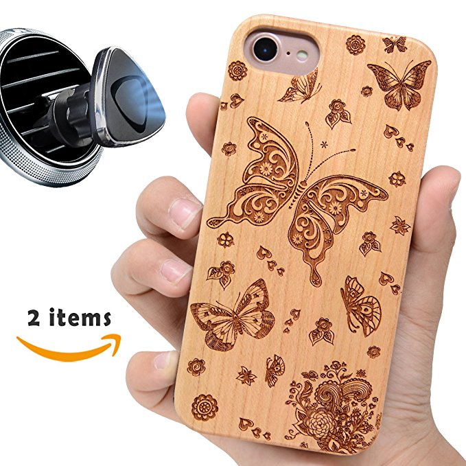 Butterfly Phone Case Compatible with iPhone 8 7 6 Plus (ONLY) and Magnetic Mount – iProductsUS Wood Phone Cases Engraved butterflies Built in Metal Plate,TPU Rubber Shockproof Protective Cover (5.5")