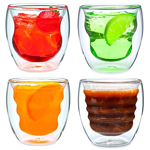 Curva Artisan Series Double Wall Beverage Glasses and Tumblers - Unique 8 oz Thermo Insulated Drinking Glasses, Set of 4