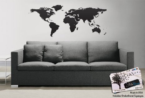 Stickerbrand© Home Décor Vinyl Wall Art World Map of Earth Wall Decal Sticker - Black, 21" X 51". Easy to Apply & Removable.
