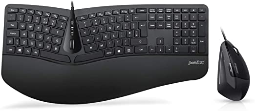 Perixx Periduo-505, Ergonomic Split Keyboard and Vertical Mouse Combo with Adjustable Palm Rest and Membrane Low Profile Keys, UK Layout