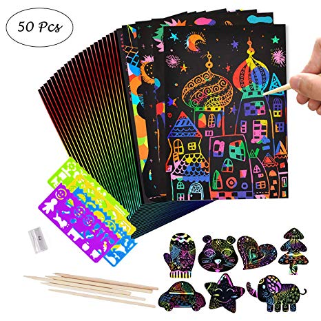 Scratch Paper for Kids, Amatt 50 Pcs Scratch Art Notes Paper Combo Art Set Rainbow Art Doodle Pad Colorful with with 5 Wooden Stylus and 4 Drawing Template Stencil Rulers and 1 Pencil Sharpener