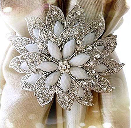 QIQIHOMEONLINE Luxury Big Crystal Curtain Magnetic Tieback Flower Curtain Clips Buckle with Stretchy Wire Rope for Home Office Decoration(1 Piece) (Silver)