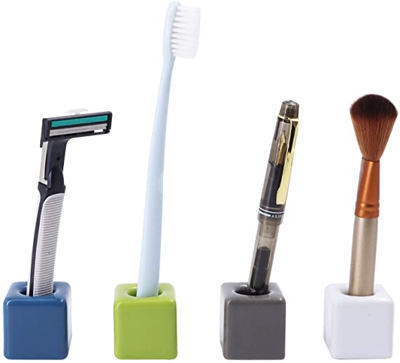 Mini Toothbrush Holder, Ceramics Tooth Brush Razor Pen Stands Set of 4 for Bathroom Countertops Sink, Easy to Elean&Carry, Sturdy (Green-Blue-Grey-White)