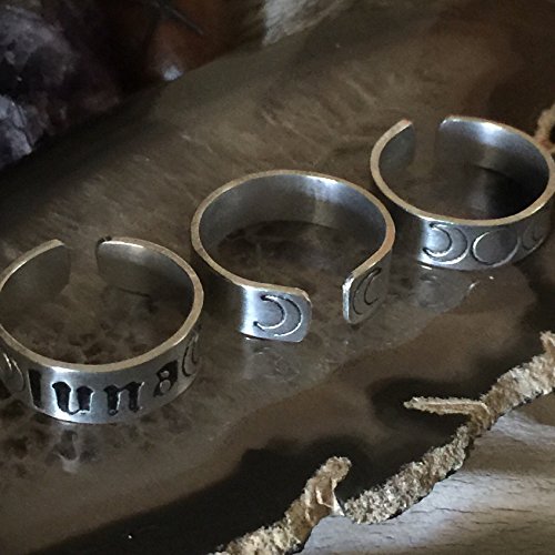 Luna Triple Moon Goddess Adjustable Ring Set in Sterling Silver, Aluminum or Copper