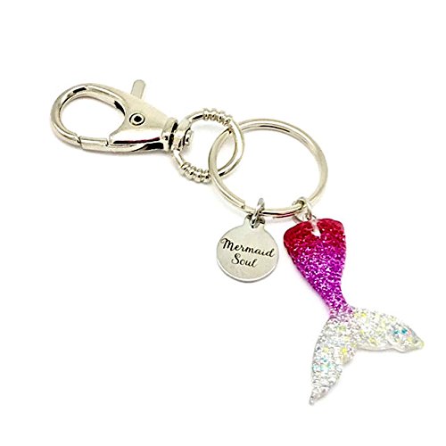 Mermaid Tail, Mermaid Soul Laser Etched Keychain with Fuschia Purple Resin Glitter Tail