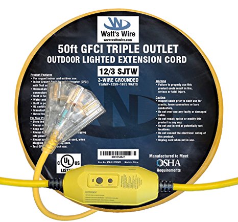 50ft 12 Gauge GFCI Heavy Duty Indoor/Outdoor SJTW Lighted Triple Outlet Extension Cord by Watt's Wire - 50' 12/3 Ground Fault Circuit Interrupter Pigtail Power Cord - 12AWG 125Vac 15Amp 1875Watt