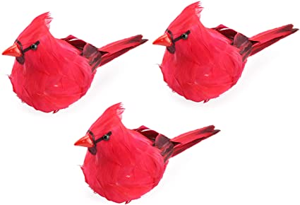 Darware Large Red Cardinals with Clip (3-Pack); 7-Inch Long Artificial Feathered Bird Decorations for Christmas Trees, Wreaths, Floral Arrangements and More