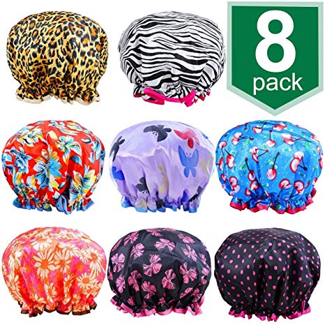 Shower Caps, AROIC 8 PCS Large Waterproof Double Layer Print Shower Hats for Women and girls