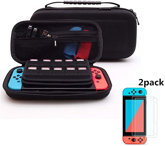 Soyan Carry Case Compatible with Nintendo Switch with 2 Pack Tempered Glass Screen Protectors, Built-in Game and Accessories Storages (Black)