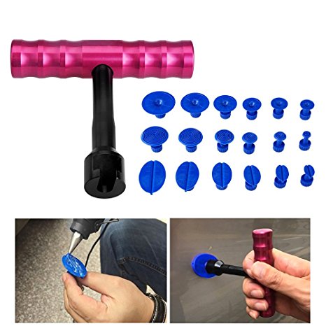 19Pcs Car Body Paintless Dent Repair Tools PDR Puller Grip T-handle Dent Puller Silde Hammer Mini T-bar with 18Pcs Puller Tabs