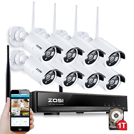 ZOSI 8 Channel NVR 960P High Definition Wireless WiFi Smart HD IP Outdoor Indoor Home Video Security Camera System 100ft Night Vision Pre-Installed 1TB Hard Drive