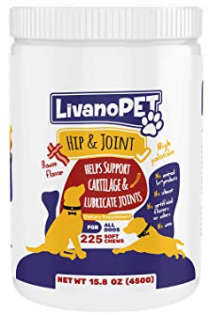 LIVANOPET Advanced Hip and Joint Supplements for Dogs of All Ages, 225 Soft Chews with Glucosamine, MSM, Flax Seed, Chondroitin, German Brand