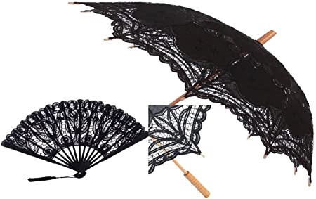lace-parasols Black Embroidered Battenburg w/Lace Fan
