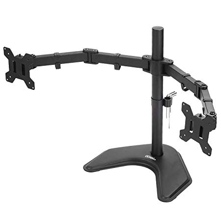 AVLT-Power Dual 32" Monitor Free Standing Desk Stand - Mount Two 22 lbs Computer Monitors on 2 Articulating Adjustable Arms - Organize Your Work Surface with Ergonomic Viewing Angle VESA Monitor Mount