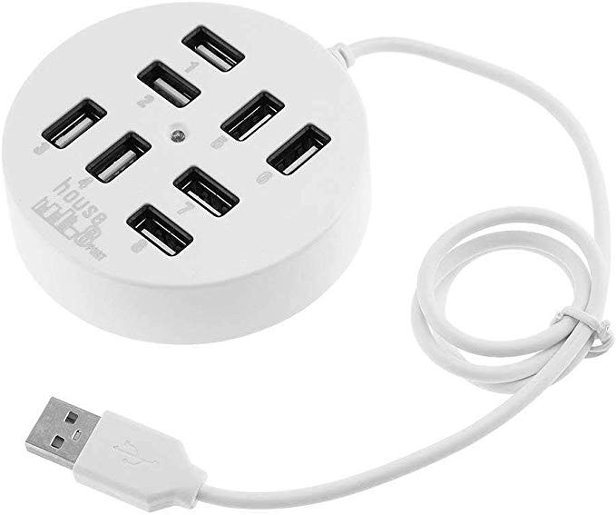 KDL USB 8 Ports Box Multi Data Transmission USB 2.0 Hub Round Shape Multi-Port Splitter Charger Adapter Replacement with LED for USB Devices, Phone, USB Flash Disk, PC, Tablet (White)