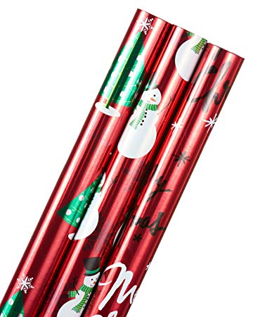 American Greetings Snowman, Merry Christmas, and Trees Christmas Foil Wrapping Paper, 3-Roll, 40", 90 Total Sq. Ft.