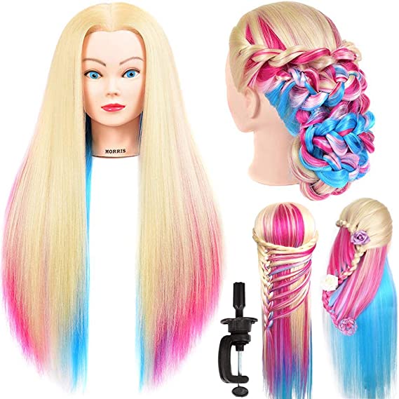 Mannequin Head Hair Styling Training Practice Cosmetology Doll Head Colorful Synthetic Fiber Hair 26"-28" Salon Hairdressing Manikin Head Hair Styling Training Head for Hair Cutting Practice