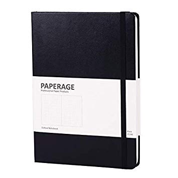 Bullet Dotted Grid Jounal Notebook- Paperage Hardcover - Expandable Inner Pocket, Lay Flat Design, 100gsm Quality Paper, 176 Pages, Medium 5.8" x 8.3" - [Black, Dotted]