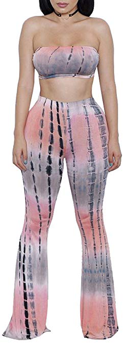 ZIKKER Women's Two-Piece Romper Sexy Tie Dye Print Bandeau Top Flared Bell Bottom Pants Jumpsuits Outfits