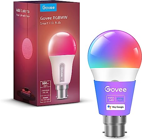 Govee RGBWW Smart Bulbs, Colour Changing Light Bulbs with Music Sync, 54 Dynamic Scenes 16 Million DIY Colours WiFi & Bluetooth B22 LED Bulbs Work with Alexa, Google Assistant & Govee Home App, 1 Pack