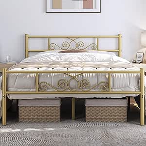 Yaheetech Queen Bed Frames Metal Bed Frame with Headboard and Footboard Heavy Duty Mattress Foundation/No Box Spring Needed/Underbed Storage Space/Graceful Scroll/Ground Clearance: 12.6’’/Antique Gold