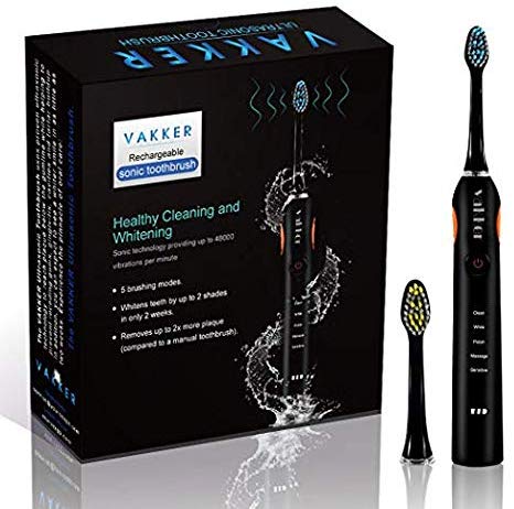 VAKKER Ultra Sonic Electric Toothbrush - 5 Modes Pro Cleaning, Long Lasting Battery up to 6 Weeks, 2 DuPont Soft Heads, Black…