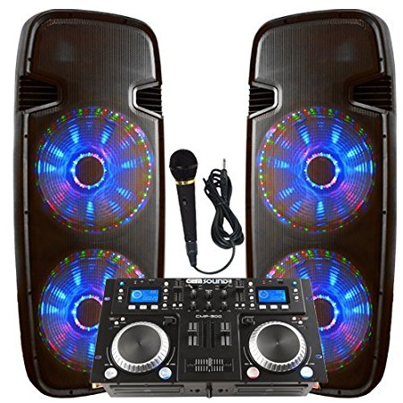 Light up the house! - Dj System - Lighted Powered Dual 15" DJ Speakers - 6000 Watts - Bluetooth, MP3, USB, SD, FM Radio or plug in your laptop or iPhone - Plug and Play - Light Show Included
