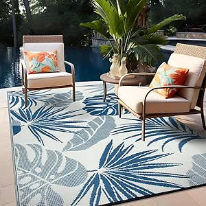 Rugshop Tropical Floral Leaf Reversible Crease-Free Waterproof Premium Recycled Plastic Outdoor Rugs for Patio,Backyard,RV,Deck,Picnic,Trailer,Beach,Camping,Sunroom Navy/Blue 5' x 7'