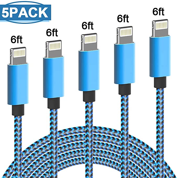 PLmuzsz iPhone Charger Cable,MFi Certified Lightning Cable 5 Pack-6FT Durable High-Speed Charger Nylon Braided Cord Compatible iPhone11 Pro Max/Xs/Max/XR/X/8Plus/7Plus/6S Plus/SE/iPad/Nan Light Blue
