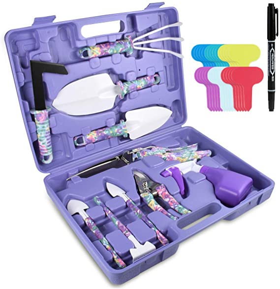 CT Garden Tools Set, 10 Piece Gardening and Planting Kit with Carrying Case,Ergonomic Handle Gardening Work Set with Purple Floral Print, Gift for Gardening Lovers