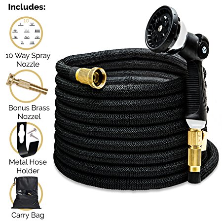 Morvat IMPROVED FOR 2018 Super Heavy Duty Expandable Garden Hose, Super Strength Fabric 3800D All Brass. Includes 10-Setting Spray Nozzle, Extra Heavy-Duty Brass Nozzle   Hose Holder   Carry Bag 150FT