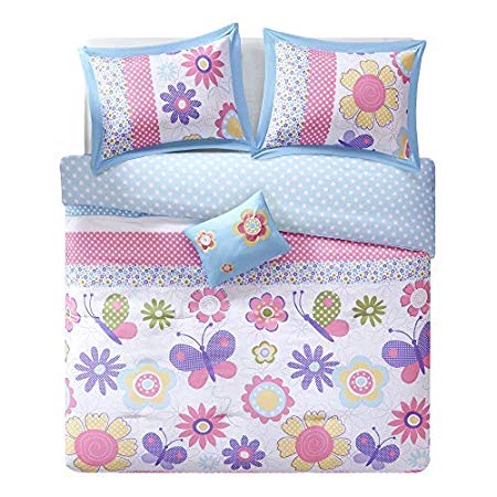 Comfort Spaces - Happy Daisy Kid Comforter Set - 3 Piece - Butterfly & Floral - Blue Pink - Twin/Twin XL Size, Includes 1 Comforter, 1 Sham, 1 Decorative Pillow