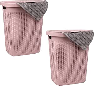 Mind Reader 50L Slim Laundry Hamper, Set of 2, Clothes Basket, Lid, Wicker Design, Plastic, 17.65"L x 13.75"W x 21"H, Pink