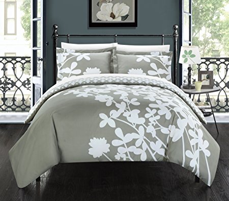 Chic Home 3 Piece Calla Lily Reversible Large Scale Floral Design Printed with Diamond Pattern Reverse Duvet Cover Set, Queen, Grey
