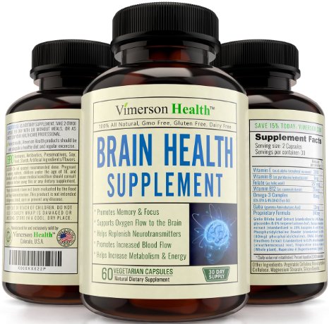 Nootropics Brain Function Booster - Memory Mind and Focus Enhancer - Promotes Concentration Clarity Cognition and Mental Performance Best Supplement with Ginkgo Biloba Omega 3 DMAE Vitamins and More
