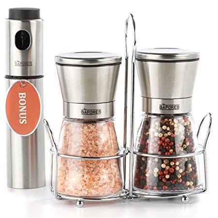 The Sapores Salt and Pepper Shakers with Matching Stainless Steel Stand and Vinegar Sprayer - Salt and Pepper Grinder Set with Adjustable Coarseness - Pepper Grinder - Pepper Mill