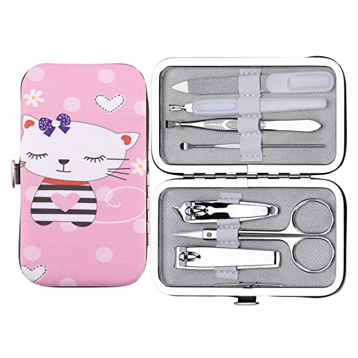 Kids Manicure Set, longmiao Nail Clippers Set Stainless Steel Personal Manicure & Pedicure Grooming Kit 7 in 1 for Children, with Cat printed Case